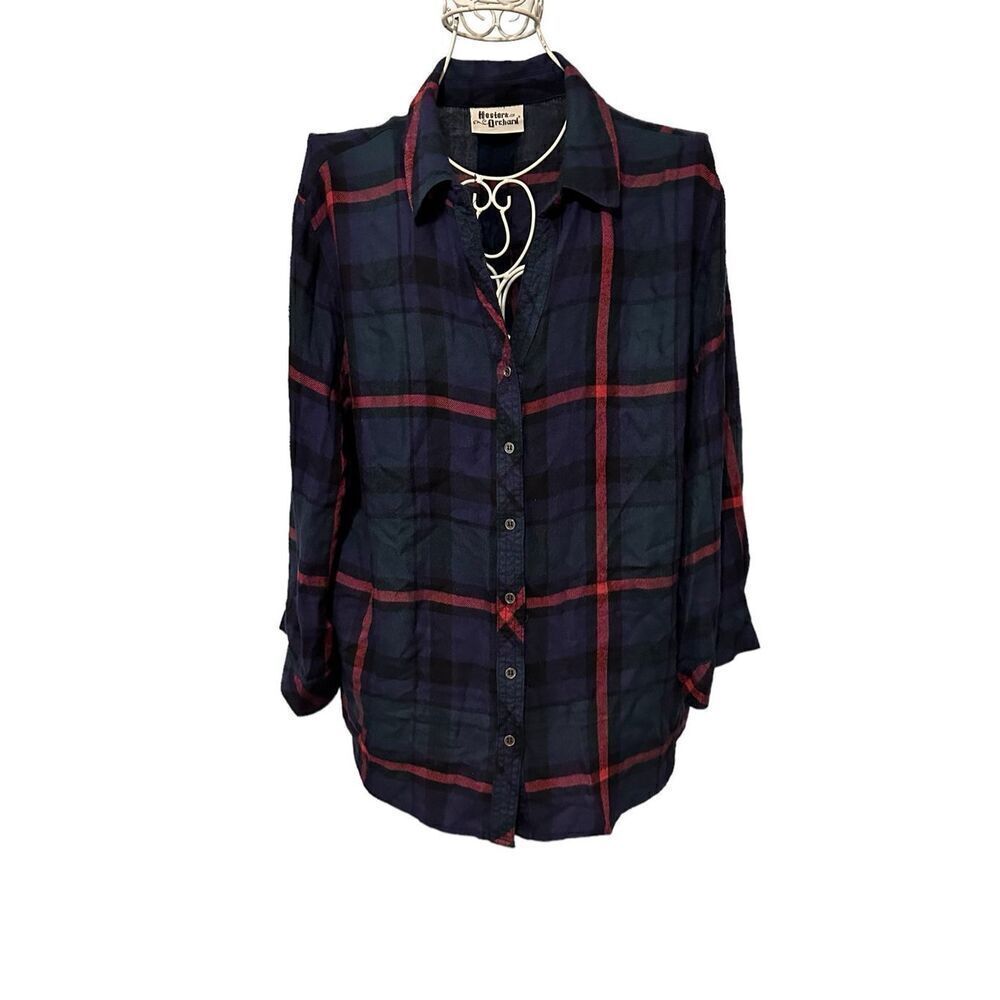 Nice Hester Orchard Flannel Shirt Women Size Large Blue Red Plaid Split Back Lon